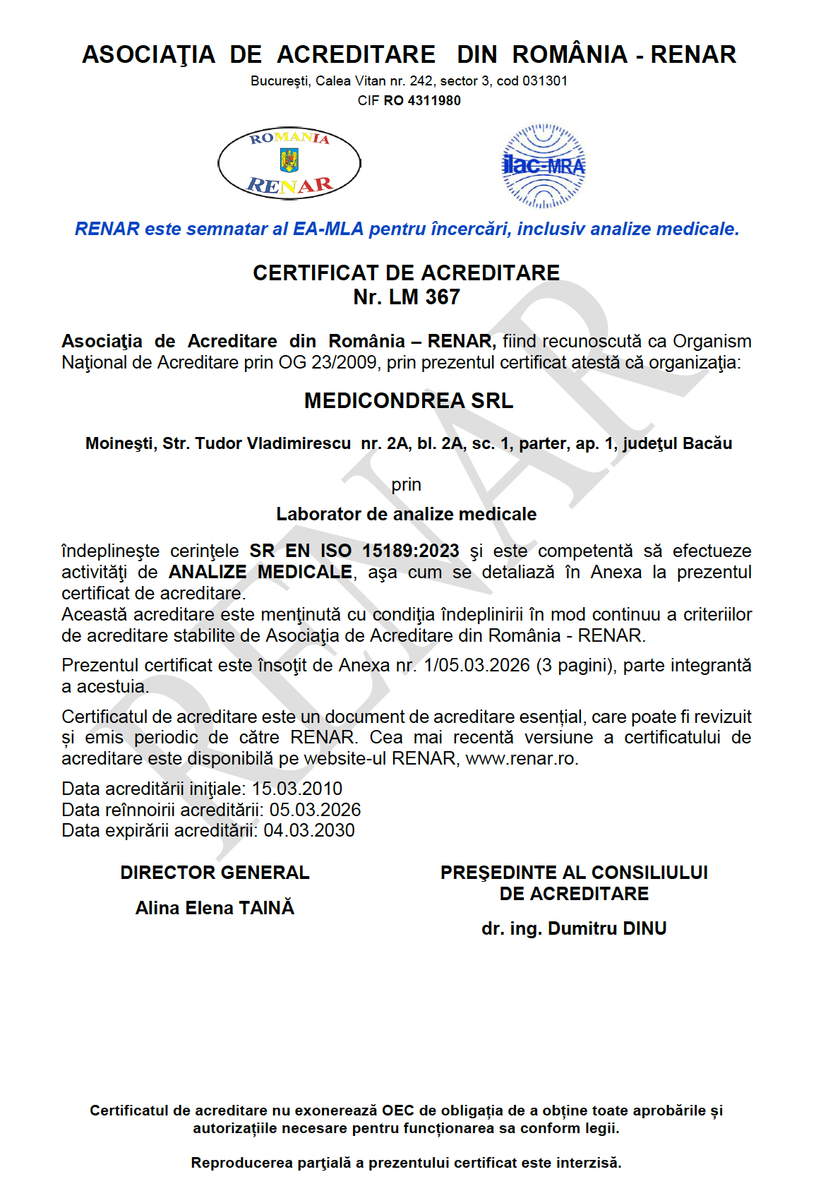 Certificat acreditare RENAR 1